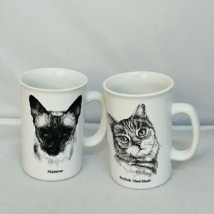 2 British Shorthair & Siamese Kitty Cat Coffee Mugs Cup Ceramic Papel Freelance